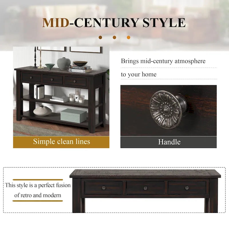 Vintage Distressed Pine Wood Console Table with Drawers and Shelves, Brown