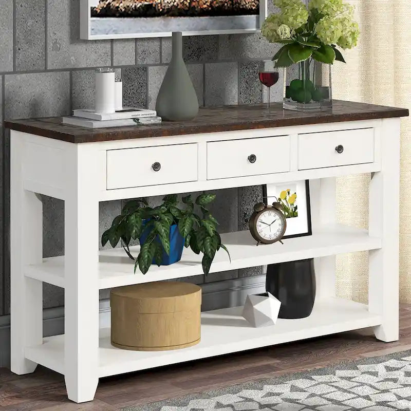 Vintage Distressed Pine Wood Console Table with Drawers and Shelves, Brown