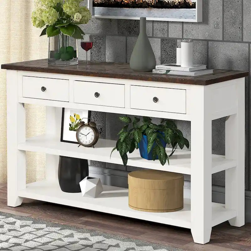 Vintage Distressed Pine Wood Console Table with Drawers and Shelves, Brown