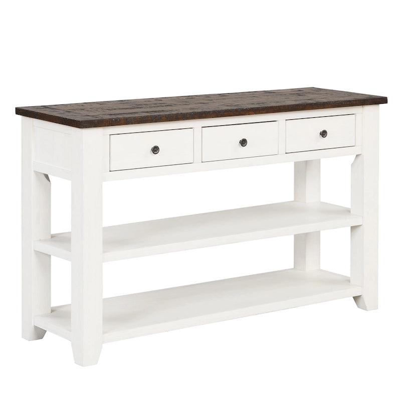 Vintage Distressed Pine Wood Console Table with Drawers and Shelves, Brown