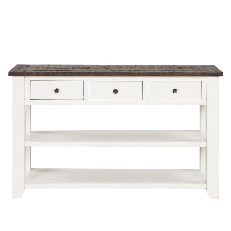 Vintage Distressed Pine Wood Console Table with Drawers and Shelves, Brown