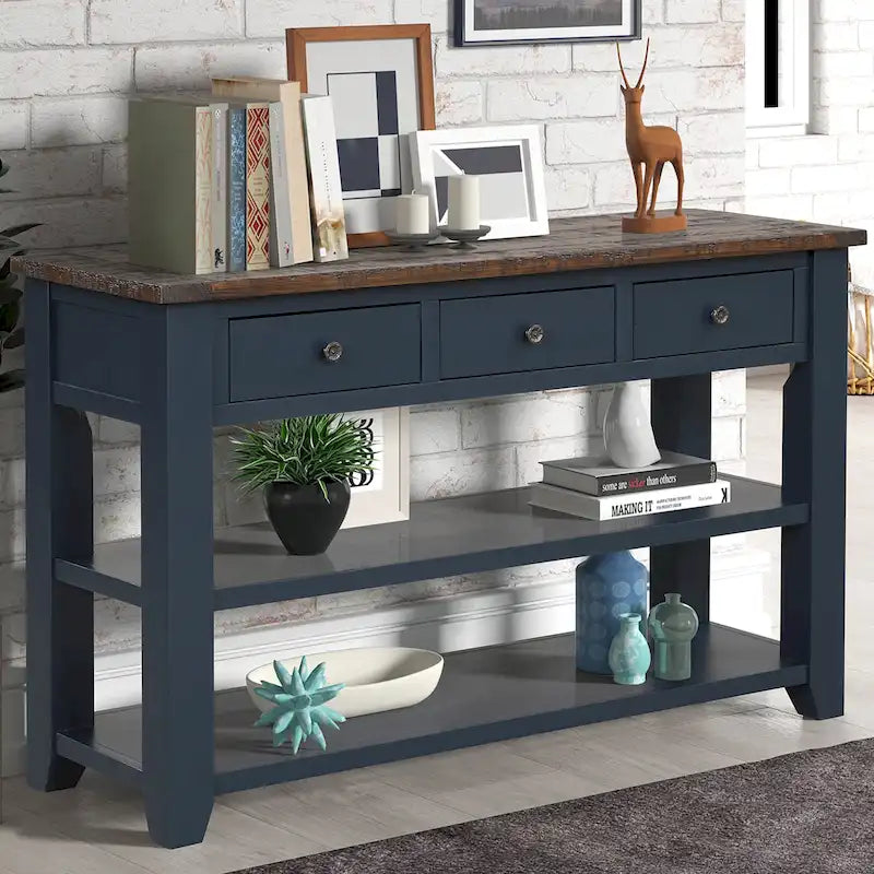 Vintage Distressed Pine Wood Console Table with Drawers and Shelves, Brown