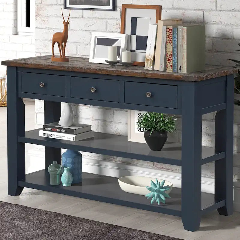 Vintage Distressed Pine Wood Console Table with Drawers and Shelves, Brown