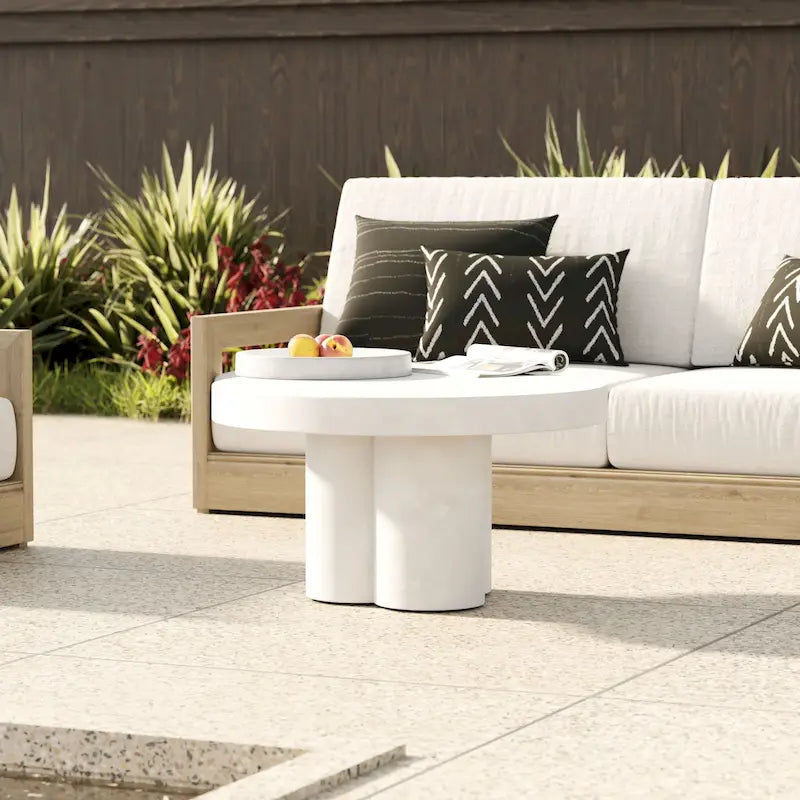 Round White Concrete Coffee Table Sculptural Triple Leg Modern Indoor Outdoor
