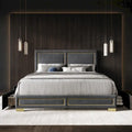 Upholstered Storage Platform Bed with Gold Trim and Velvet Headboard