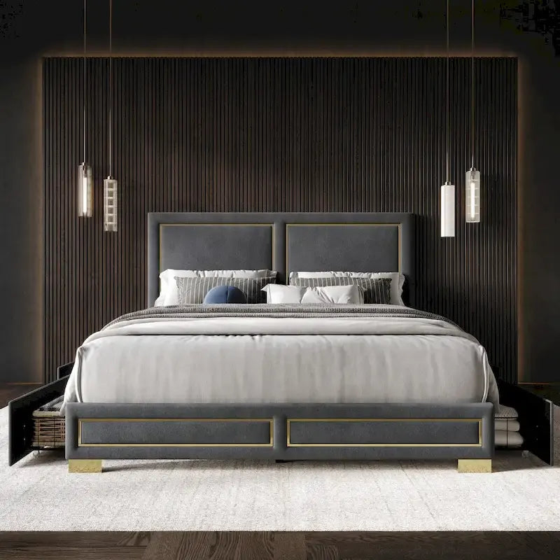 Upholstered Storage Platform Bed with Gold Trim and Velvet Headboard
