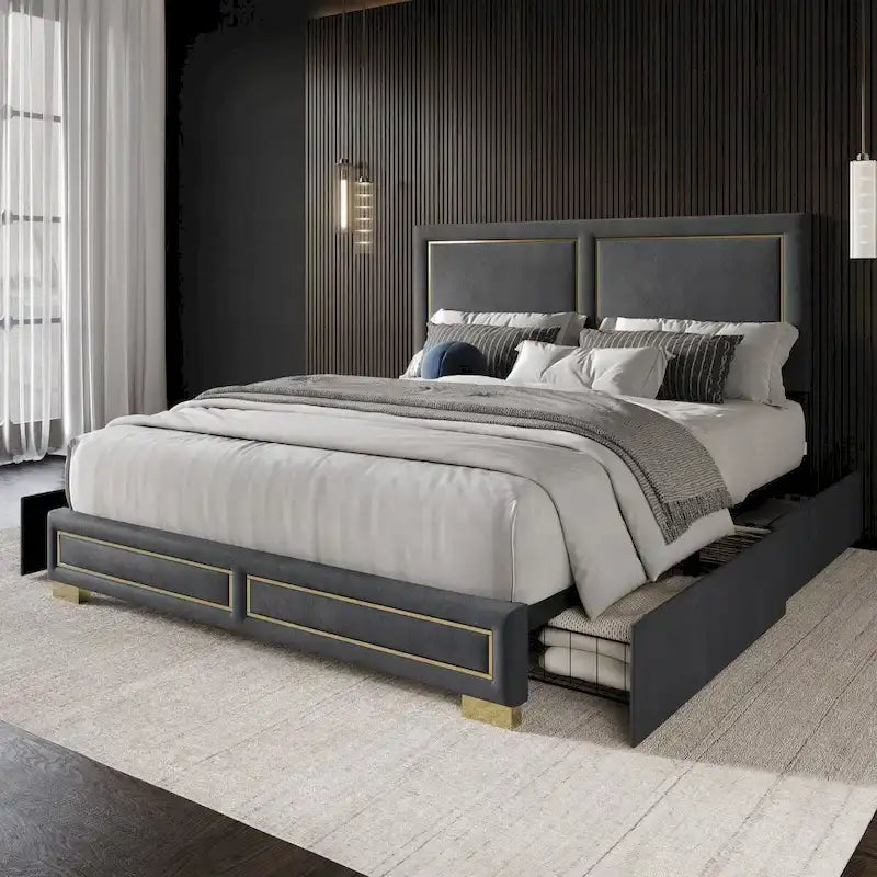 Upholstered Storage Platform Bed with Gold Trim and Velvet Headboard