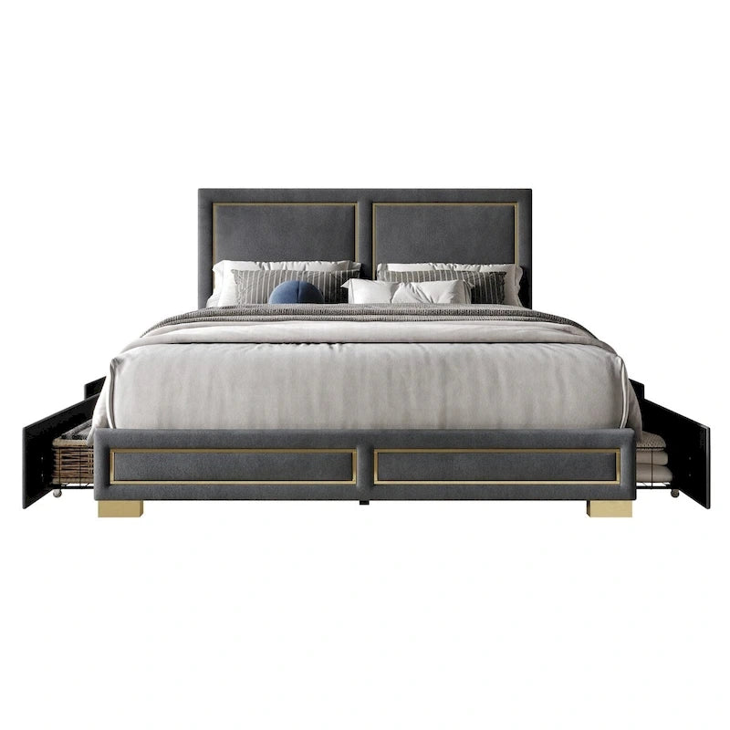 Upholstered Storage Platform Bed with Gold Trim and Velvet Headboard