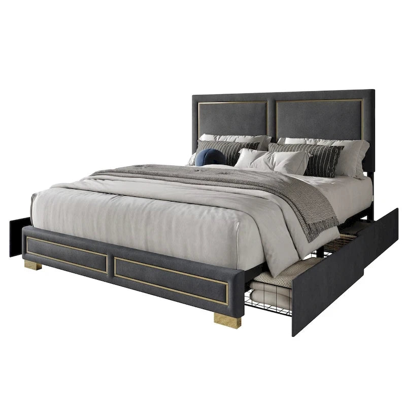 Upholstered Storage Platform Bed with Gold Trim and Velvet Headboard