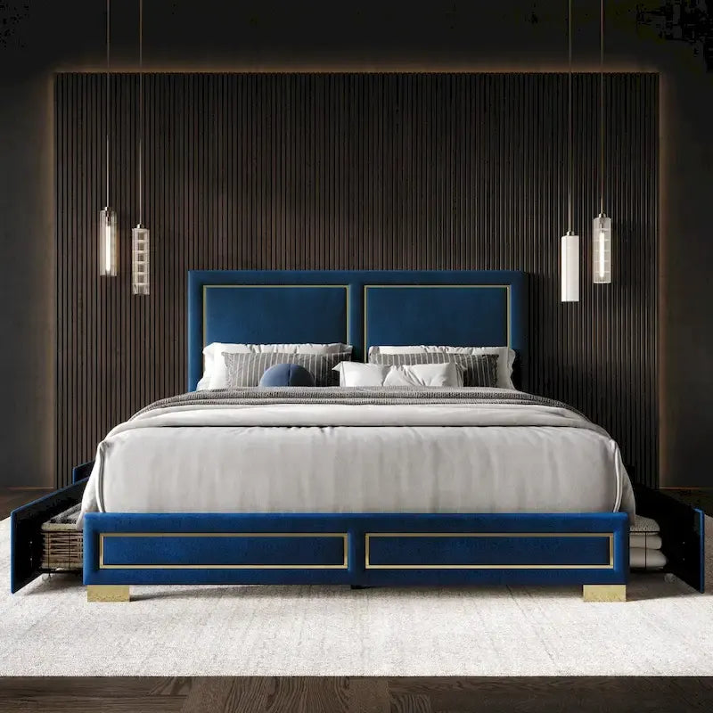 Upholstered Storage Platform Bed with Gold Trim and Velvet Headboard