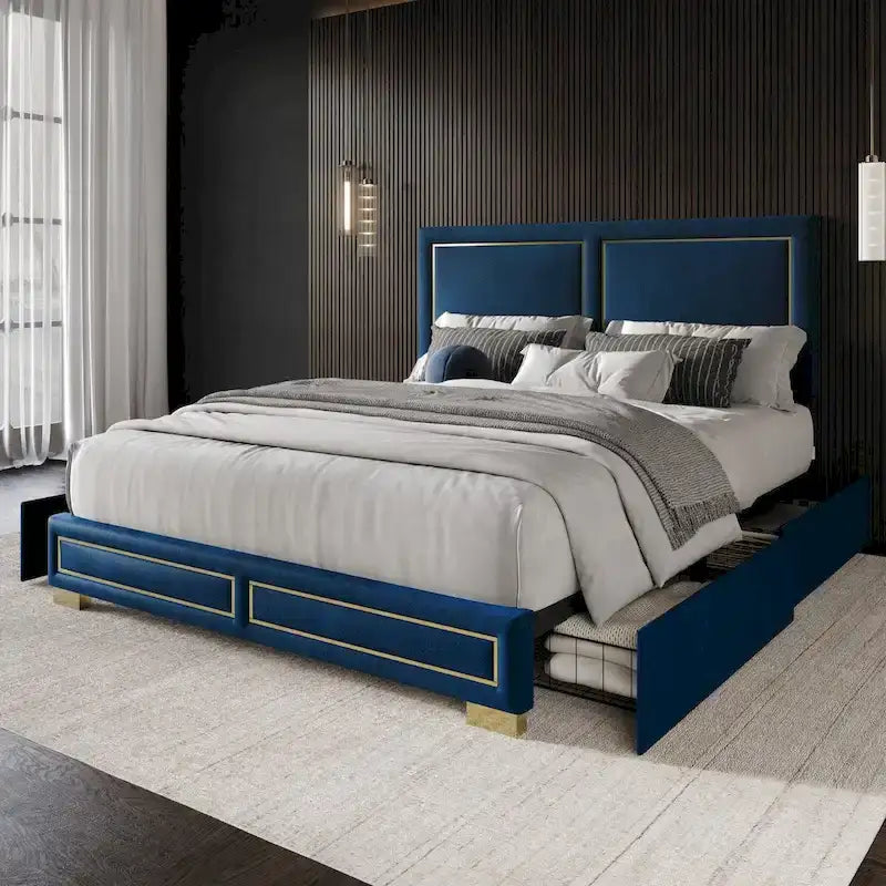 Upholstered Storage Platform Bed with Gold Trim and Velvet Headboard