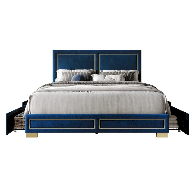 Upholstered Storage Platform Bed with Gold Trim and Velvet Headboard
