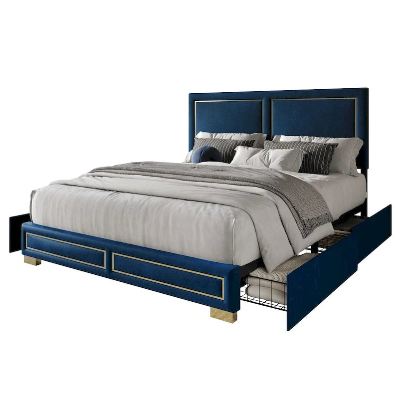 Upholstered Storage Platform Bed with Gold Trim and Velvet Headboard