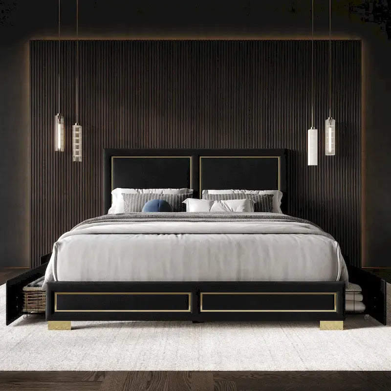 Upholstered Storage Platform Bed with Gold Trim and Velvet Headboard