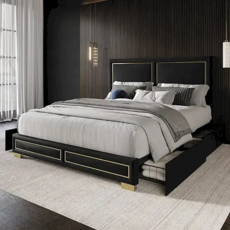 Upholstered Storage Platform Bed with Gold Trim and Velvet Headboard