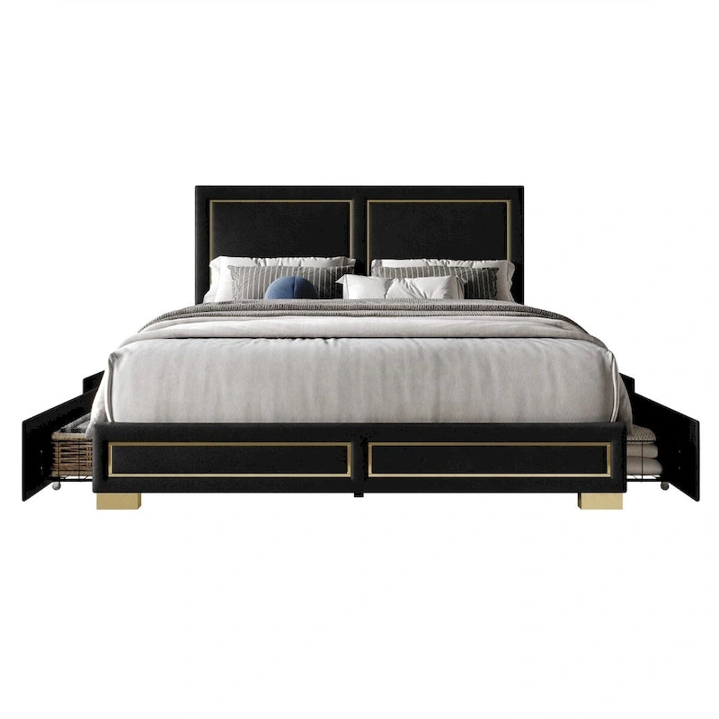 Upholstered Storage Platform Bed with Gold Trim and Velvet Headboard