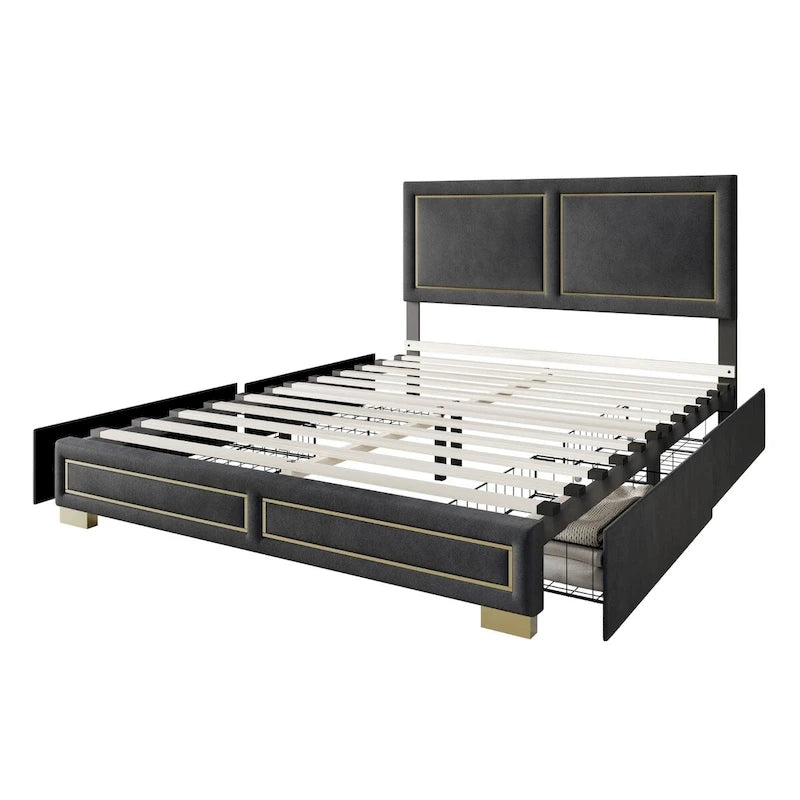 Upholstered Storage Platform Bed with Gold Trim and Velvet Headboard