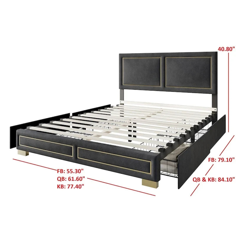 Upholstered Storage Platform Bed with Gold Trim and Velvet Headboard