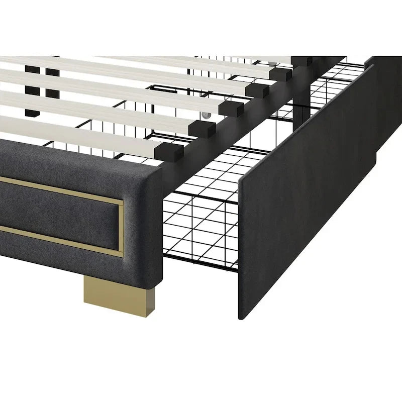 Upholstered Storage Platform Bed with Gold Trim and Velvet Headboard